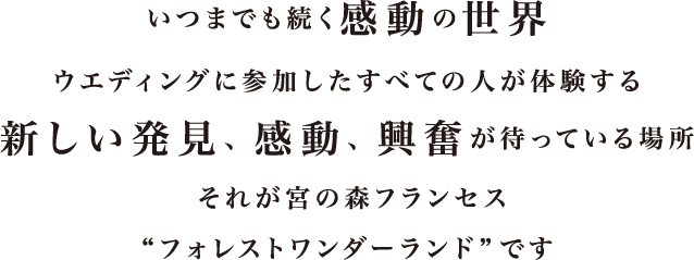 いつまでも続く感動の世界ウエディングに参加したすべての人が体験する新しい発見、感動、興奮が待っている場所それが宮の森フランセス”フォレストワンダーランド”です